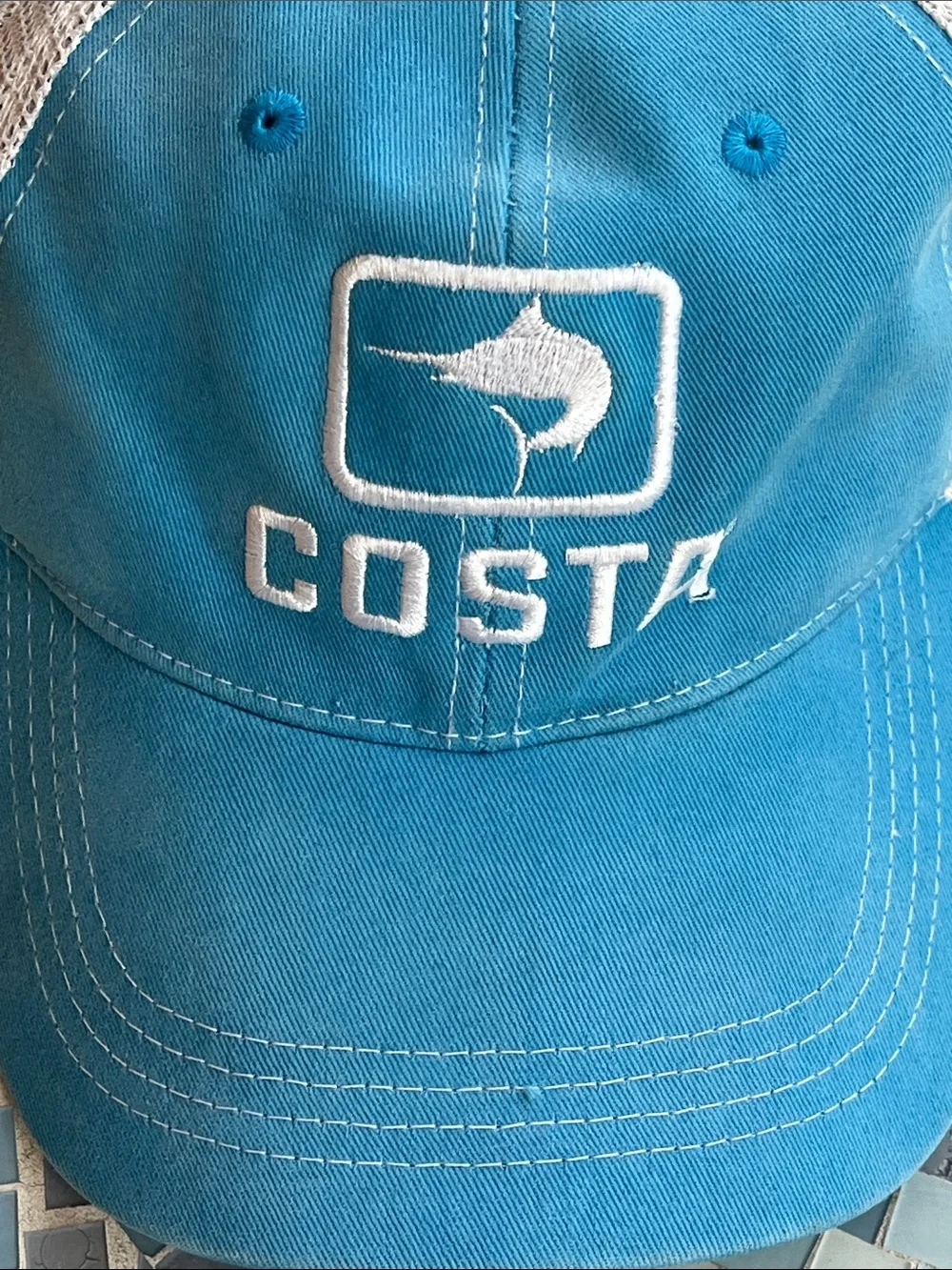 Costa Del Mar Blue White Mesh‎ Trucker Snapback Hat Marlin Fishing Cap